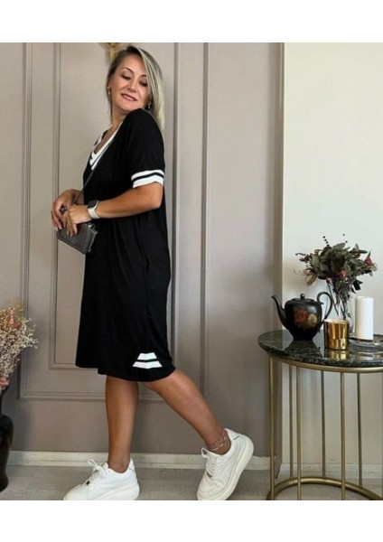 Kadın Kısa Kollu V Yaka Ribana Detaylı Cepli Dizüstü Viskon Elbise fırsatları