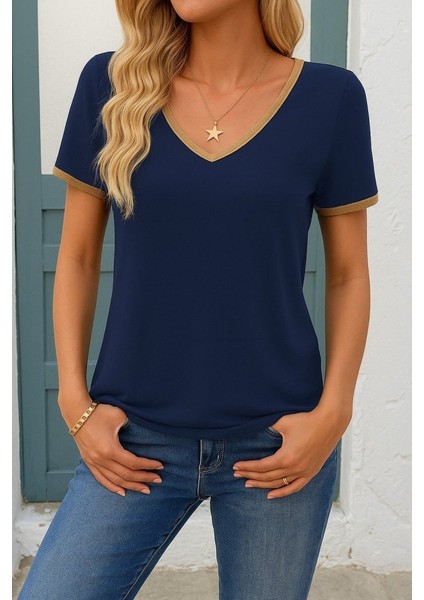 Kadın Kısa Kollu V Yakalı Viskon Bluz