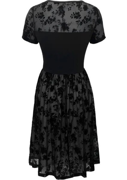 Kadın Kısa Kollu Bisiklet Yaka Tül Flok Baskı Detaylı Elbise indirimleri