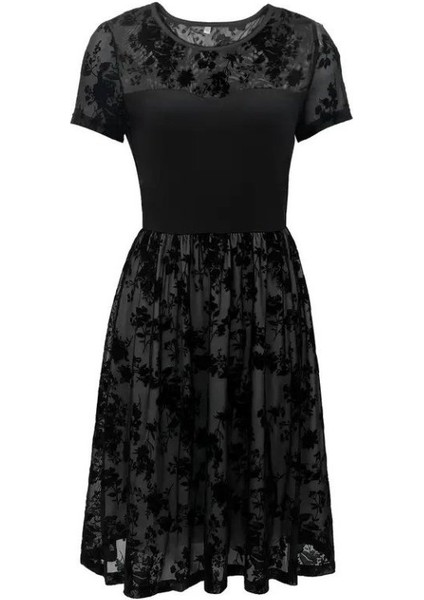 Kadın Kısa Kollu Bisiklet Yaka Tül Flok Baskı Detaylı Elbise