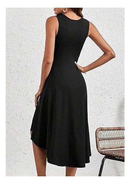 Kadın Sıfır Kollu Bisiklet Yaka Büzgülü Asimetrik Kesim Detaylı Janjan Krep Elbise