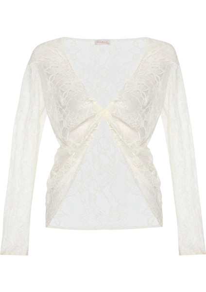 Dönmeli Uzun Kol Beyaz Güpür Dantel Bluz