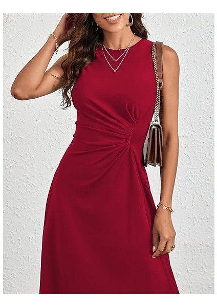 Kadın Sıfır Kollu Bisiklet Yaka Büzgülü Asimetrik Kesim Detaylı Janjan Krep Elbise