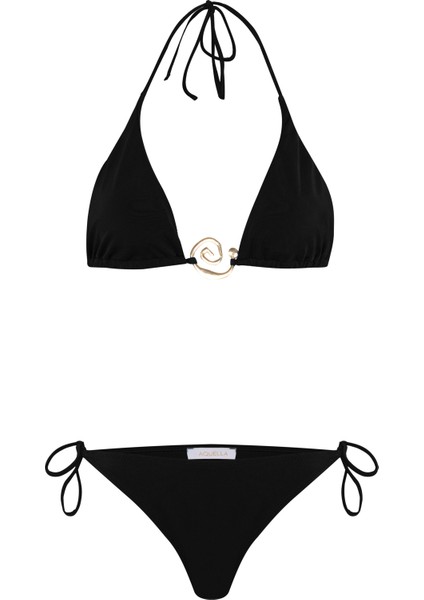 Aksesuarlı Siyah Uzun Üçgen Bikini Takım