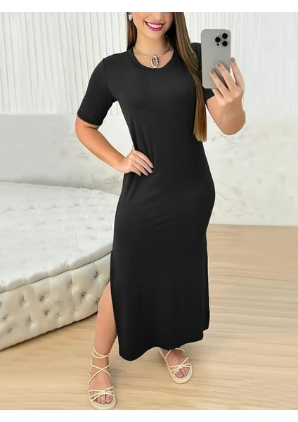 Kadın Kısa Kollu Bisiklet Yaka Yandan Yırtmaçlı Viskon Elbise