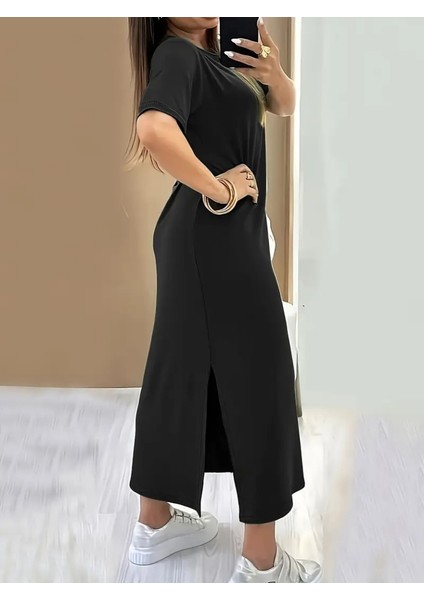 Kadın Kısa Kollu Bisiklet Yaka Yandan Yırtmaçlı Viskon Elbise modelleri