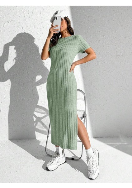 Kadın Kısa Kollu Bisiklet Yaka Yırtmaç Detay Fitilli Kaşkorse Tam Boy Elbise