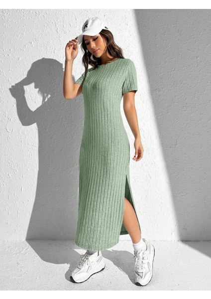 Kadın Kısa Kollu Bisiklet Yaka Yırtmaç Detay Fitilli Kaşkorse Tam Boy Elbise indirimleri