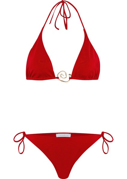 Aksesuarlı Kırmızı Uzun Üçgen Bikini Takım