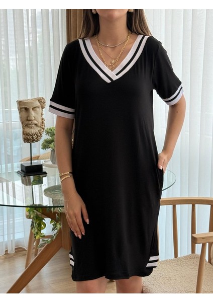 Kadın Kısa Kollu V Yaka Ribana Detaylı Cepli Dizüstü Viskon Elbise modelleri