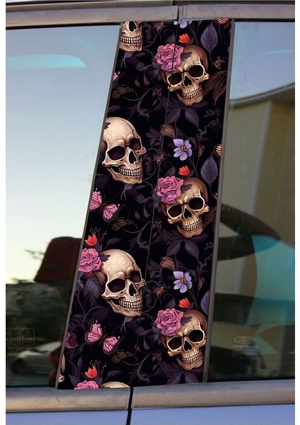 Çiçekli Kuru Kafa Baskılı Araç Kapı Direk Kaplama Folyo Sticker 2'li (Sağ&sol)