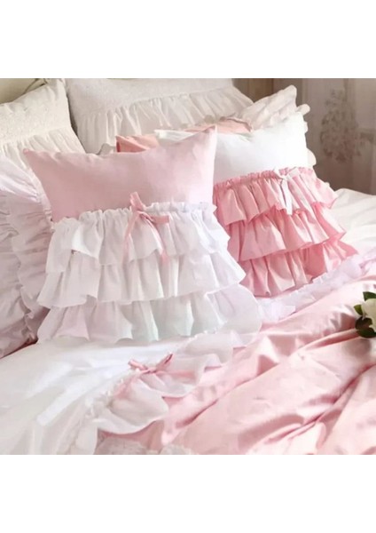Tekstil Beyaz Renk Pembe Fırfırlı Yastık 40X40 cm Bebek Çocuk Odası Kırlent