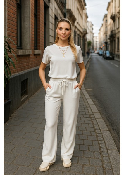 Kadın Modal Oys Kumaş Kısakol Eşofman Alt Üst Takım Bordo Beyaz