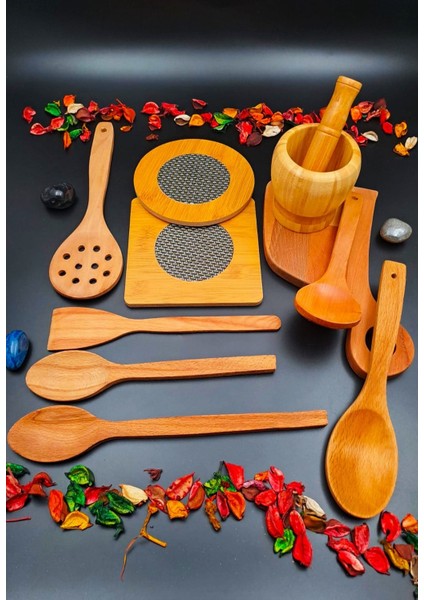 Ahşap Mutfak Servis Kaşık Spatula Kepçe Havan Nihale Kevgir 10'lu Çeyiz Seti Annelere Özel modelleri