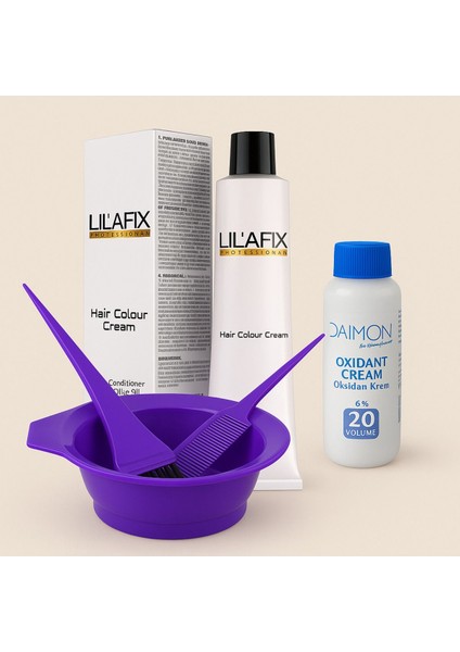 Profesyonel Saç Boya Seti 1/0 Siyah %6 (20 Vol) Oksidan Krem, Karıştırma Kabı & Fırça