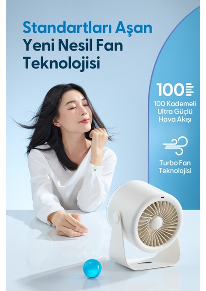 Airflow AF02 Yeni Nesil Şarjlı Turbo Masa Fanı, Ultra Güçlü Hava Akışı, 100 Kademeli, 16X19CM