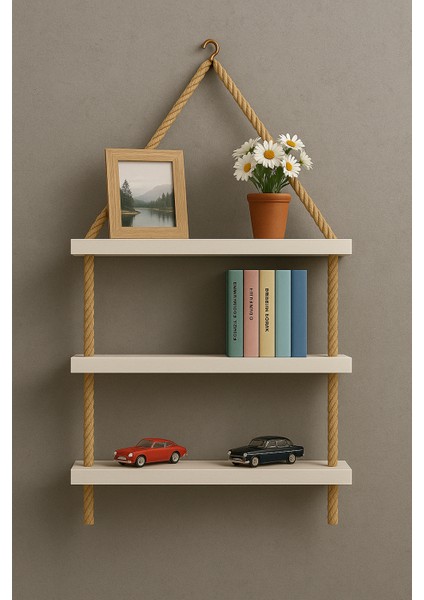 3 Katlı Hasır Ipli Uçan Raf Seti - Beyaz Mdf 45X15 cm | Dekoratif Askılı Raf fiyatları