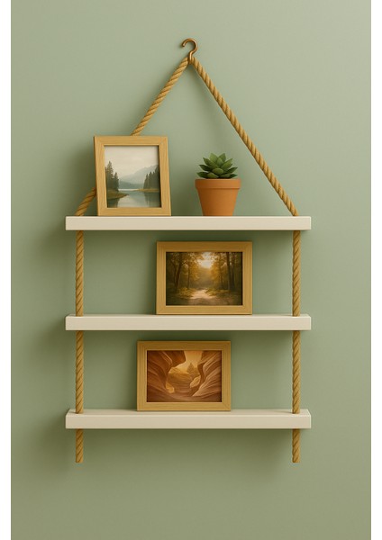 3 Katlı Hasır Ipli Uçan Raf Seti - Beyaz Mdf 45X15 cm | Dekoratif Askılı Raf fırsatları