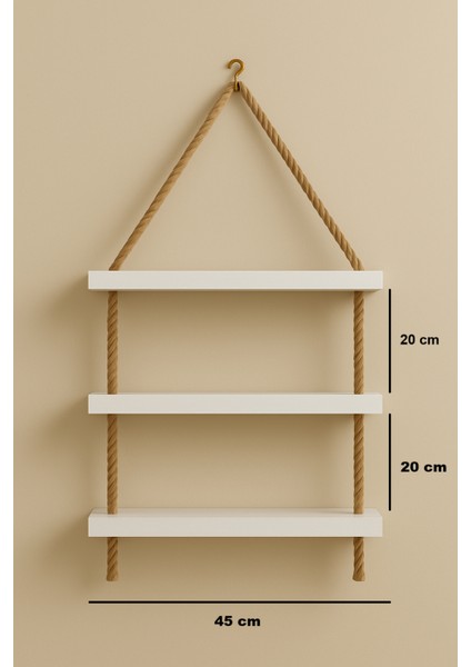 3 Katlı Hasır Ipli Uçan Raf Seti - Beyaz Mdf 45X15 cm | Dekoratif Askılı Raf indirimleri