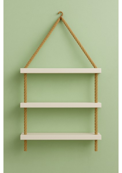 3 Katlı Hasır Ipli Uçan Raf Seti - Beyaz Mdf 45X15 cm | Dekoratif Askılı Raf