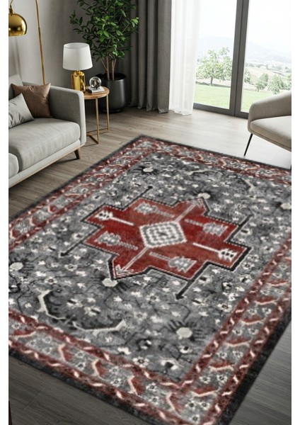 Otantik Kilim Desenli Bordo Gri Halı Dijital Baskılı Dokuma Kaymaz Tabanlı Yıkanabilir Antialerjik Yazlık Halısı