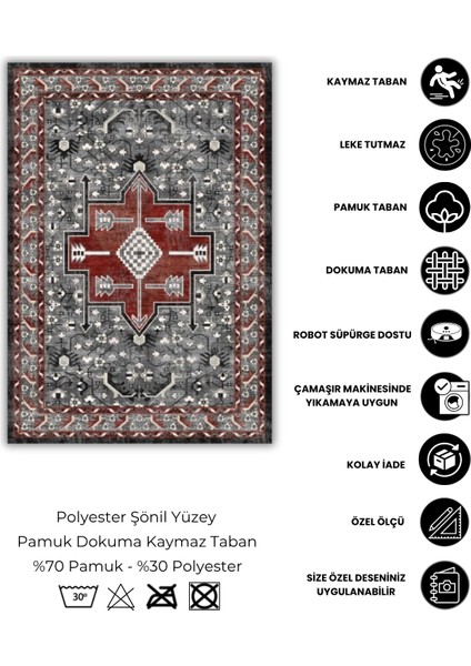 Etnik Desenli Gri Halı Dijital Baskılı Dokuma Kaymaz Tabanlı Yıkanabilir Antialerjik Salon Halısı