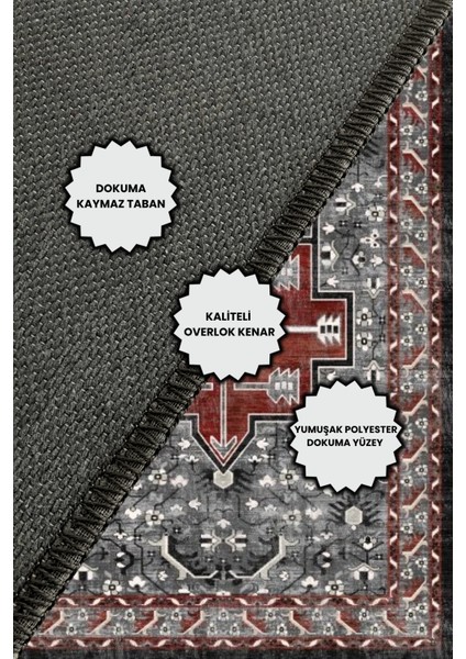 Etnik Desenli Gri Halı Dijital Baskılı Dokuma Kaymaz Tabanlı Yıkanabilir Antialerjik Salon Halısı