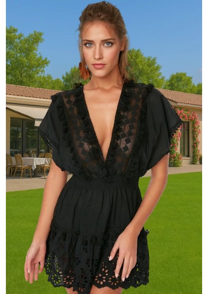 Brode Detaylı V Yaka Pamuklu Mini Elbise Yaz Koleksiyonu Rahat ve Şık Modern Stil Modern Stil fiyatları