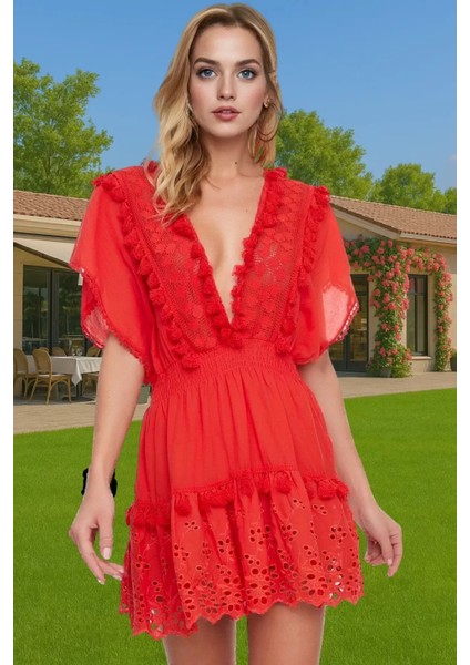 Brode Detaylı V Yaka Pamuklu Mini Elbise Yaz Koleksiyonu Rahat ve Şık Modern Stil Modern Stil fiyatları