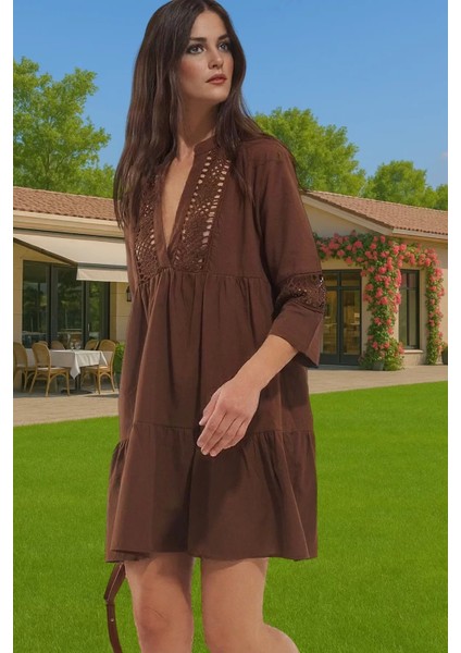 Kadın %100 Pamuk Dantelli Mini Plaj Elbisesi Rahat Yazlık Özel Tasarım Şık Görünüm Uzun Ömürlü