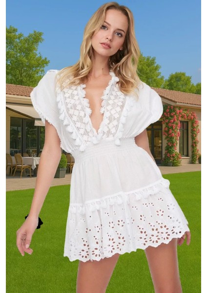 Brode Detaylı V Yaka Pamuklu Mini Elbise Yaz Koleksiyonu Rahat ve Şık Modern Stil Modern Stil fiyatları