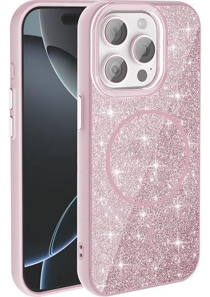 Apple iPhone 15 Pro Max Uyumlu Kılıf M-Safe Şarj Özellikli Parlayan Simli Zore Okso Kapak