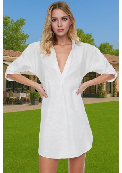 Kadın Yazlık Pamuklu Mini Elbise V Yaka Truvakar Kol Şık Plaj Modası Dayanıklı Malzeme