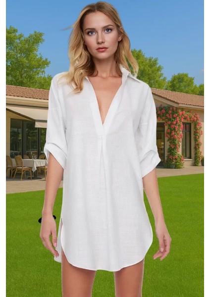 Kadın Yazlık Pamuklu Mini Elbise V Yaka Truvakar Kol Şık Plaj Modası Dayanıklı Malzeme fiyatları