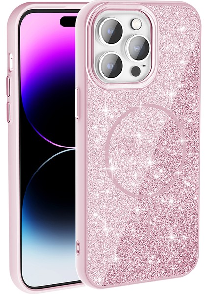 Apple iPhone 14 Pro Max Uyumlu Kılıf M-Safe Şarj Özellikli Parlayan Simli Zore Okso Kapak