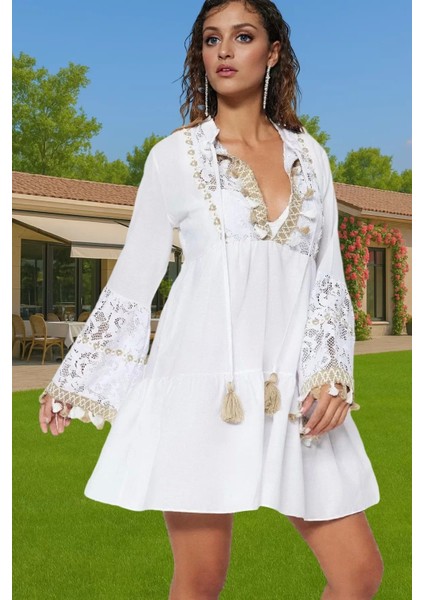 Nefes Alan Pamuklu Dantelli Plaj Mini Elbisesi V Yaka Yazlık Özel Tasarım Dayanıklı Malzeme fiyatları
