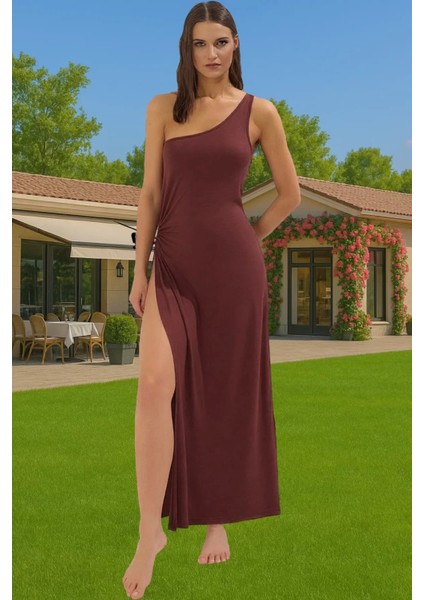 Şık Tek Omuz Maxi Elbise Yırtmaçlı Polyester Yazlık Trend Tasarım Profesyonel Görünüm Trend Tasarım
