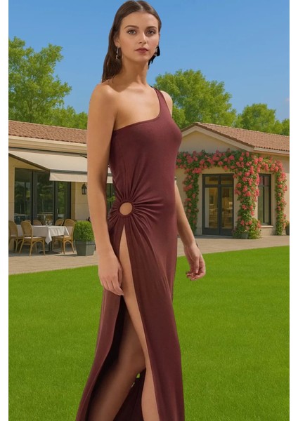 Şık Tek Omuz Maxi Elbise Yırtmaçlı Polyester Yazlık Trend Tasarım Profesyonel Görünüm Trend Tasarım fiyatları