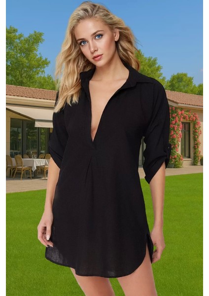 Kadın Yazlık Pamuklu Mini Elbise V Yaka Truvakar Kol Şık Plaj Modası Dayanıklı Malzeme