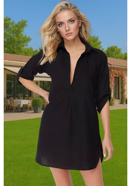 Kadın Yazlık Pamuklu Mini Elbise V Yaka Truvakar Kol Şık Plaj Modası Dayanıklı Malzeme fiyatları