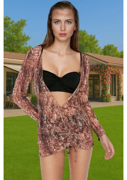 Vücuda Oturan Uzun Kollu Şifon Mini Elbise Soyut Desenli Yazlık Zarifane Tasarım Trend Tasarım