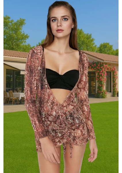 Vücuda Oturan Uzun Kollu Şifon Mini Elbise Soyut Desenli Yazlık Zarifane Tasarım Trend Tasarım fiyatları