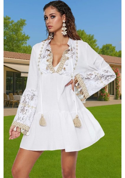 Nefes Alan Pamuklu Dantelli Plaj Mini Elbisesi V Yaka Yazlık Özel Tasarım Dayanıklı Malzeme