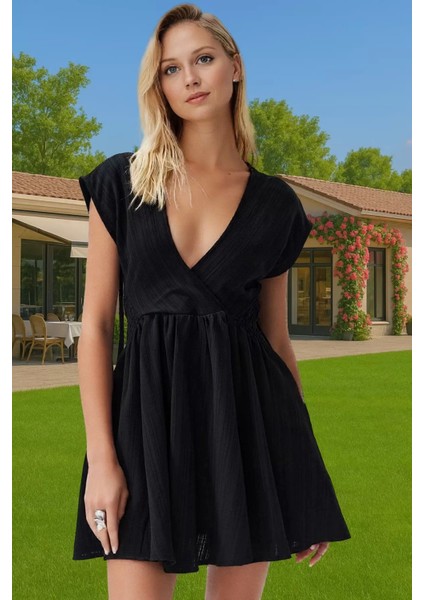 Keten Karışımlı V Yaka Mini Elbise Cut Out Detaylı Yazlık Elbise Profesyonel Görünüm Trend Tasarım