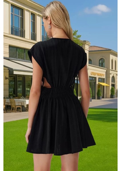 Keten Karışımlı V Yaka Mini Elbise Cut Out Detaylı Yazlık Elbise Profesyonel Görünüm Trend Tasarım modelleri