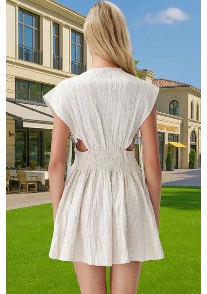 Keten Karışımlı V Yaka Mini Elbise Cut Out Detaylı Yazlık Elbise Profesyonel Görünüm Trend Tasarım modelleri