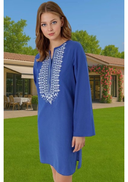 Kadın Şık Nakışlı Uzun Kollu Pamuklu Plaj Elbisesi Özel Tasarım Profesyonel Görünüm Kaliteli Işçilik