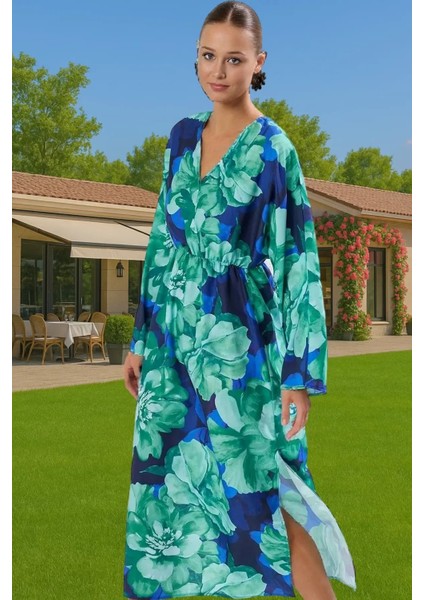 Şal Yaka Maxi Dokuma Elbise Tek Kol Yırtmaçlı Plaj Modası Konforlu Kesim Uzun Ömürlü