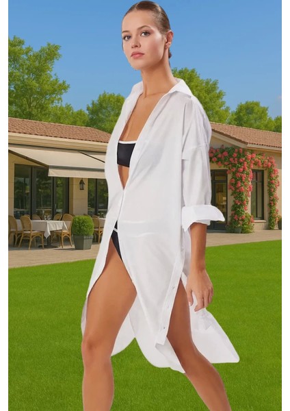 Tesettür Yazlık Uzun Kollu Plaj Elbisesi Poplin Dokuma Rahat Kalıp Profesyonel Görünüm Şık Görünüm modelleri