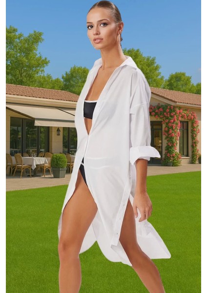 Tesettür Yazlık Uzun Kollu Plaj Elbisesi Poplin Dokuma Rahat Kalıp Profesyonel Görünüm Şık Görünüm fırsatları